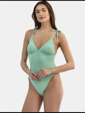 Time and Tru Mint Green Gingham Tie-Shoulder One-Piece Swimsuit